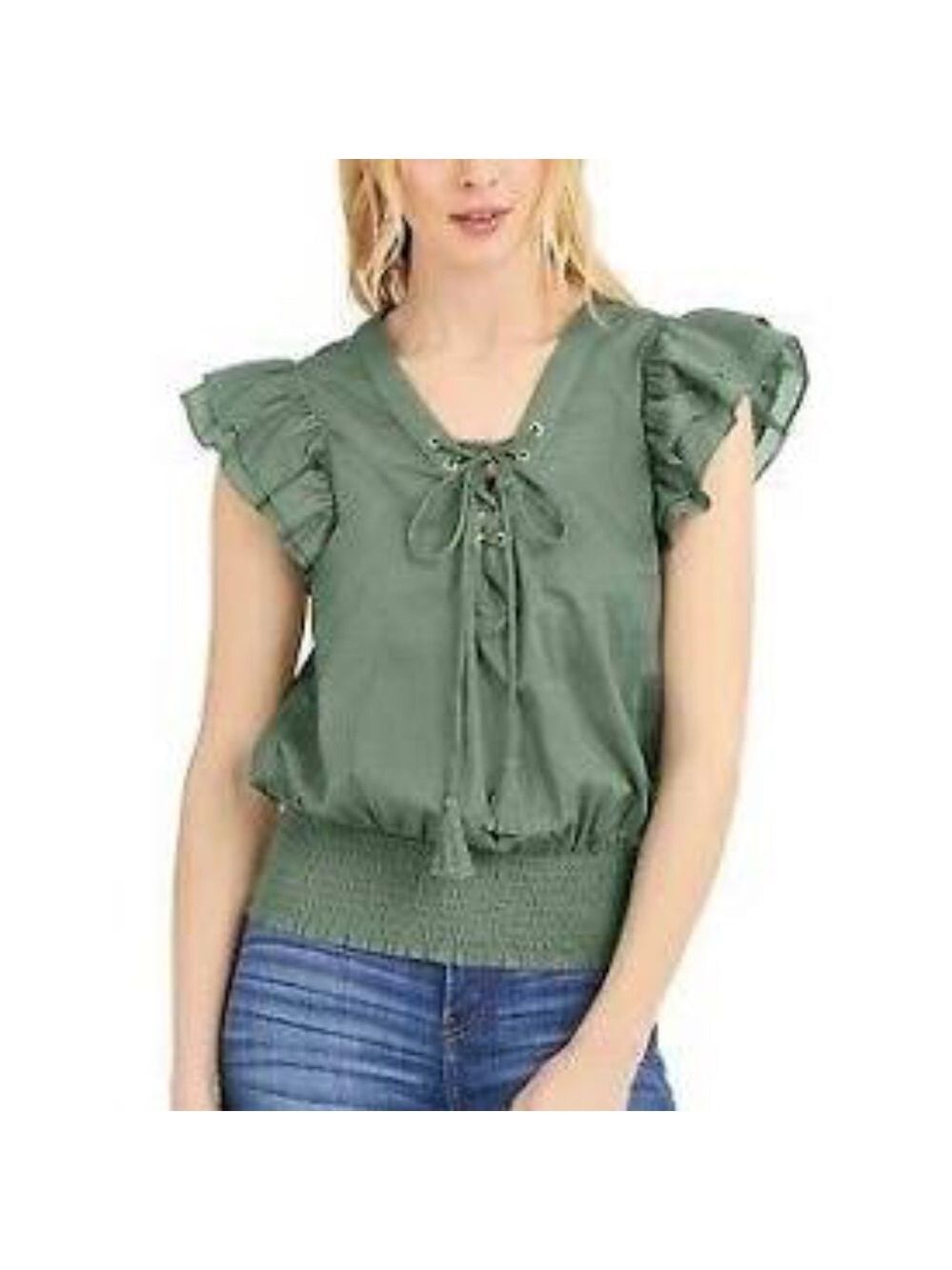 INC Plus Size Smocked Laceup Top